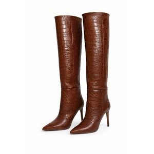 Identita Italy Croc Embossed Leather Knee High Stiletto Boots Brown EU 37